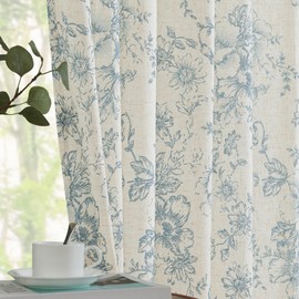 jinchan Linen Blend Curtains Floral Curtains for Living Room 84 Inch Length Blue Printed Curtains Rod Pocket Back Tab Farmhouse Peony Flower Patterned Drapes Bedroom Window Curtain Set 2 Panels