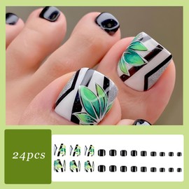 24PCS French Square False Toenails, Colorful Plants Short Acrylic Press on Toenails, Full Cover Fake Toe Nails Tips with Nail Files Stick on Toenails for Women Nail Decorations