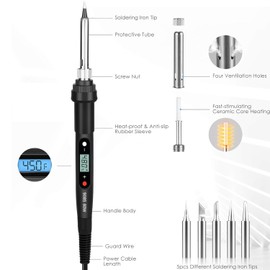 YVXUN Electronics Soldering Iron Kit, 80W Adjustable Temperature Welding Tool With LCD Display, 16 in 1 Kit, On/Off Switch, Solder Wire, 5pcs Soldering Tips, Soldering Stand, Desoldering Pump