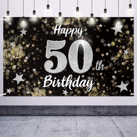 Nelbiirth Happy 50th Birthday Decorations,50th Black & Silver Dream Star Large Birthday Banner Backdrop Sign - Cheers to Fifty Years Old Bday Party Decoration.