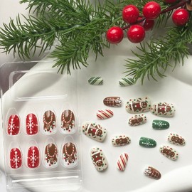 Christmas Press on Nails Medium Length Fake Nails Oval False Nails with Snowflake Gingerbread Man Lines Designs Cute Glue on Nails Red and Green Glitter Acrylic Nails Stick on Nails for Women Girls