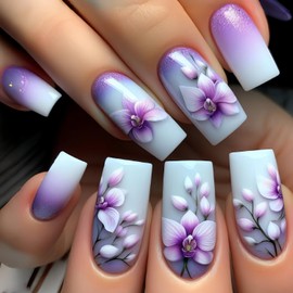 CJDLTS Purple Flower Press on Nails Medium Square Purple Gradient French False Nail Full Cover Press Ons with Floral Design Artificial Stick on Nail Glossy Acrylic Glue on Nail for Women 24Pcs
