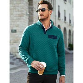 JMIERR Mens Quilted Sweatshirt Vintage Long Sleeve Outdoor Stand Collar 1/4 Button Pullover Sweatshirts Fall Fashion Clothing with Pockets, US 50(2XL), Teal Green