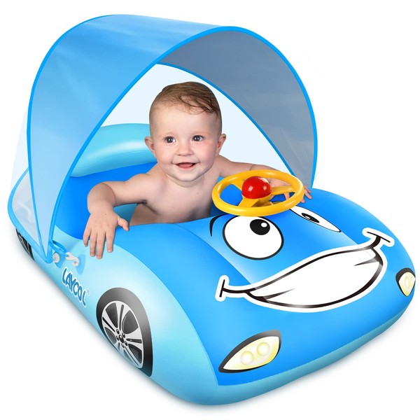 LAYCOL Baby Pool Float with UPF50+ Adjustable Canopy，Car Shaped Baby Swimming Float，Infant Baby Floatie，Toddler Pool Float for Baby 3-36 Months