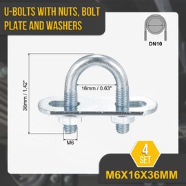 DTGN M6x16x36mm U Bolts Round Kit - 4Set - Carbon Steel U-Bolt Kit with Nuts, Washers, Frame Plate - Good for DN10 Pipe, Trailer, Automotive, Leaf Spring Fastener