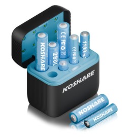 KOSHARE Rechargeable Ni-MH Battery with Charger, 8 Pack 1.2V 2800mAh AA and 1100mAh AAA High Capacity Ni-MH Batteries, Rechargeable up to 800 Times, Pre-Charged (Black+Blue, 4AA4AAA+8Slot Charger)