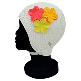 Blue Reef Rome Bubble Solid Color Floral Design Classic Retro 3 Flowers 3D Petal 3 Tropical Colors Stylish Vintage Swimming Cap One Size Adult with Adjustable Strap (White)