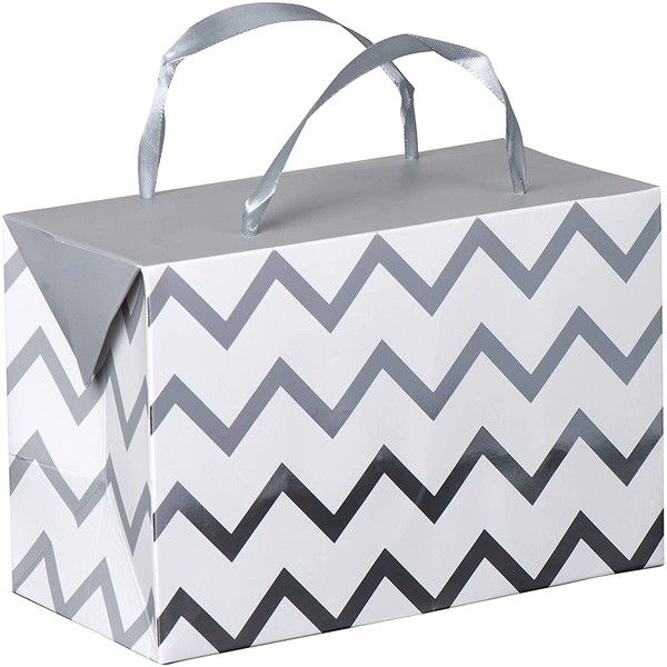 Silver Chevron Paper Gift Bag Box–Foldable Party Favors Foil Stamped Treat Bags with Ribbon Handles for Baby Shower, Holiday and Birthday Parties 7"X 3.5"x 4.75” (6 Pack)