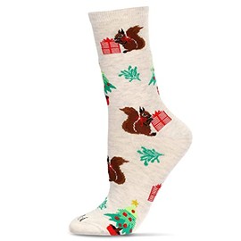 MeMoi Women's Festive Squirrel Crew Socks Oatmeal Heather 9-11