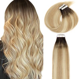 LacerHair Tape in Hair Extensions Human Hair Caramel blonde Mixed Bleach blonde with Darkest Brown Roots 50g Remy Human Hair Tape Ins R#2-27/613 22 Inch