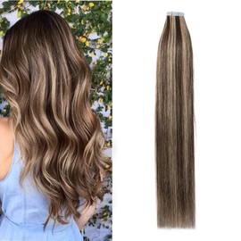 14 inch Tape in Human Hair Extensions 100% Remy Real Natural Straight Full Head Hair Extension 20Pcs (40g,2g/pcs,#4/27 Medium Brown&Dark Blonde)