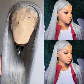 Smartinnov Grey Human Hair Wig Glueless 13x4 HD Transparent Lace Front 8 Inch Pre Plucked with Baby Hair 150% Density Silver Grey Lace Frontal Wigs Silky Straight for Women