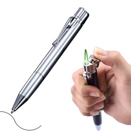 Butane Torch Lighter - Ballpoint Pen Lighter, Windproof Solar Beam Torch, Refillable Adjustable Green Flame Cool Lighter for Candle Camping BBQ Kitchen, Mens Gifts (Without Gas) (Silver)