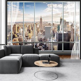 FENDROM New York Skyline Tapestry City Window View Sun White Clouds Buildings Business Center Art Wall Hanging for Living Room Dorm