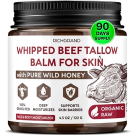 RICHGRAND Sebo de res para la piel - Bálsamo de sebo batido y miel - Sebo de res alimentado con pasto para la cara, hidratante diario y manteca corporal - Cuidado de la piel natural no comedogénico