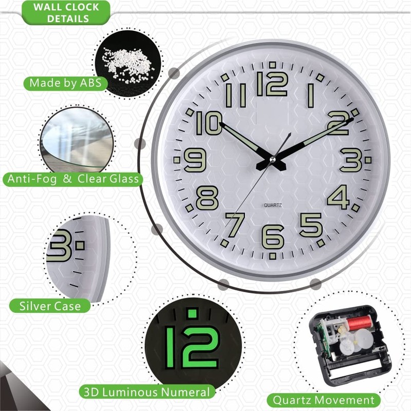 Plumeet Night Light Wall Clock 13'' Bedroom Wall Clocks with