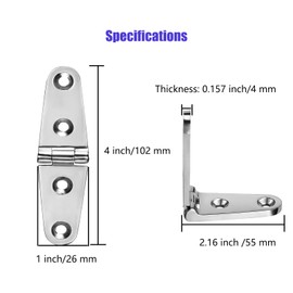 Heavy Duty Boat Hinges Stainless Steel Marine Grade, 4 inch x 1 inch (102mm X 26 mm), No Noise, 316 Stainless Steel with Screws (2 PCS)