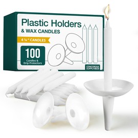 Concordia Supply Plastic Holder Candle Drip Protectors with 4.25" x 1/2" Candles - Easy to Hold White Plastic Candle Holders - Ideal for Candlelight, Memorial, & Congregational Services - Set of 100
