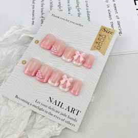 Pink French Tip Press on Nails Short Bow Fake Nails with Flower Rhinestones Pearl Design Square Glue on Nails Cute False Nails Artificial 3D Flower Acrylic Nails Glossy Stick on Nails Decoration 24Pcs