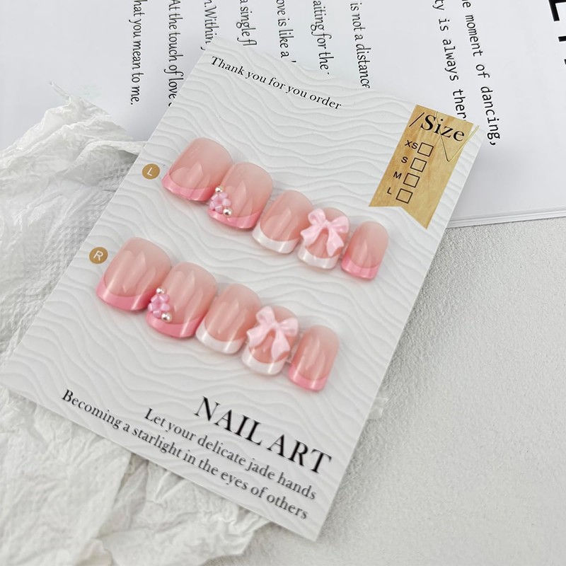 Pink French Tip Press on Nails Short Bow Fake Nails