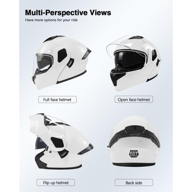 TTMiku Pearl White Motorcycle Dual Visor Flip Up Modualr Full