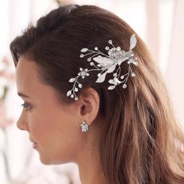 Prosy Bride Wedding Flower Hair Pieces Bridal Pearl Hair Accessories Rhinestones Leaf Hair Clips for Women and Girls (Silver)