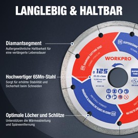 WORKPRO Professional Diamond Cutting Discs 125 mm x 22.23 mm, 1.2 mm Super Thin Diamond Disc for Dry and Wet Cutting of Ceramics and Tiles, Compatible with Angle Grinders