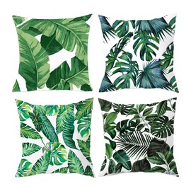 YQWIN 4 Pcs Palm Leaf Pillow Covers Tropical Leaves Throw Pillow Covers 18 x 18 Inch Green Palm Leaf Decorative Pillow Case Outdoor Cushion Covers Summer Cushion Cover for Sofa Couch Garden Home Decor