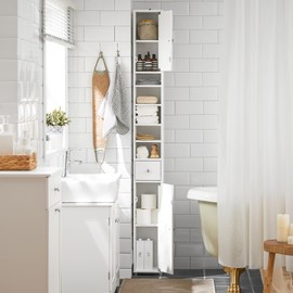 SoBuy Bathroom Narrow Storage Cabinet, Skinny Tall Unit with Adjustable Shelves Slender, Bathroom Organizers and Storage, Anti-Tipping Floor Standing Cupboard Laundry Room, White BZR34-W
