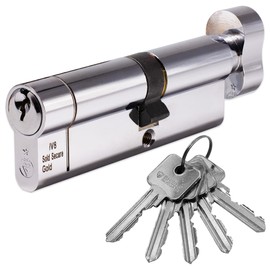 Euro Cylinder Door Lock Thumb Turn Chrome - BSI TS007 Sold Secure Gold Anti-Snap - Includes 5 Keys 40T/50