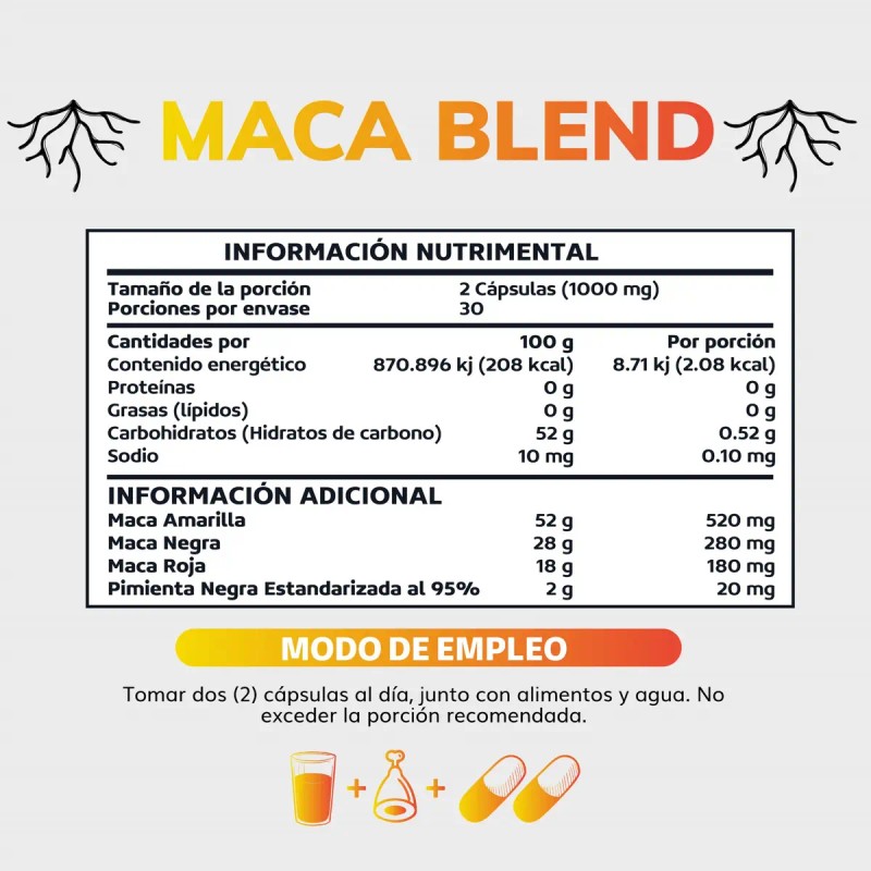 Maca Blend Peruana Orgánica Pimienta Negra Amarilla Roja Azúcar Suplemento