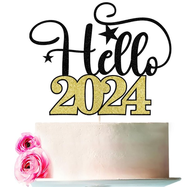 Bejotaa Hello 2024 - Decoración para fiesta de Año Nuevo, decoración para tartas, Feliz Año Nuevo, 2024, suministros para fiestas, Feliz Año Nuevo, decoración para fiestas de Año Nuevo, decoración para fiestas de Año Nuevo (oro negro)