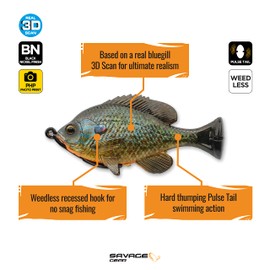Savage Gear Pulse Tail Bluegill Loosebody Fishing Bait, 1 1/4 oz, Pumpkinseed, Realistic Contours, Colors & Movement, Durable Construction, Heavy-Duty Weighted Fishing Hook, 100% Snag-Free Design