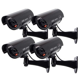 F FINDERS&CO Outdoor Fake Security Camera, Dummy CCTV Surveillance System with Realistic Red Flashing Lights and Warning Sticker (4, Black)