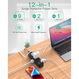 Power Bar Surge Protector - 9 Outlets 2 USB Ports 1 USB C,3 Sided 5Ft Braided Extension Cord,Flat Plug Wall Mount Wall Outlets Extender Desktop Charging Station for Home,Office (Black)