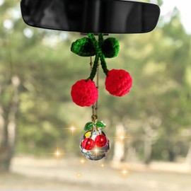 Cute Cherry Rear View Mirror Accessories, Cherries Car Decor Accessories For Women, Crystal Suncatcher Rear View Mirror Hanging Ornament, Crochet Car Decor For Women, Suncatcher Crystal Charm (Cherry)
