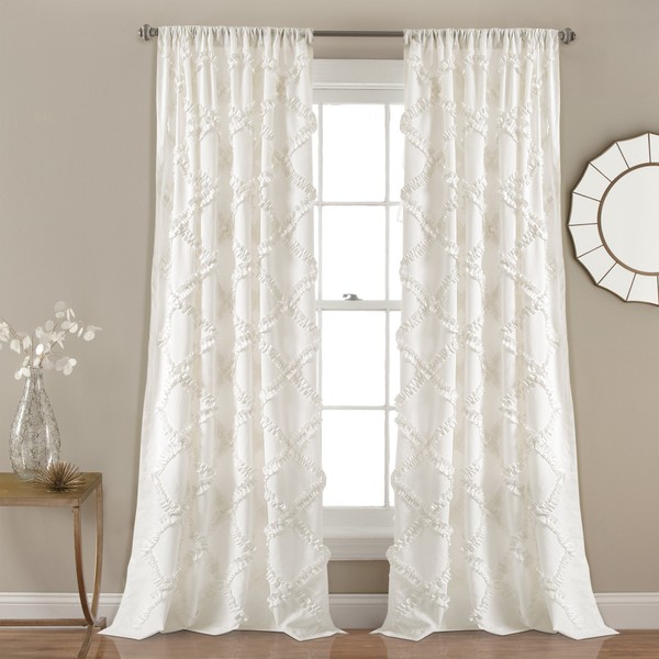 Lush Decor, White Ruffle Diamond Curtains Textured Window Panel Set for Living, Dining Room, Bedroom (Pair), 84” x 54, 84" x 54", 2 Count