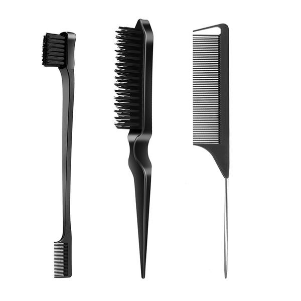 SWEET VIEW 3 Pcs Slick Back Hair Brush Set with 1 Pcs Edge Brush 1 Pcs Bristle Hair Brush 1 Pcs Rat Tail Comb, Teasing Brush Set for Smoothing Baby Hair & Flyaways - Black