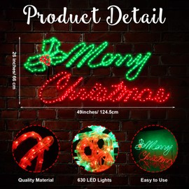 Tujoe Merry Christmas Light Sign 49" x 26" 630 LED Large Christmas Green and Red Light Up Sign Outdoor LEDs Christmas Lighted Decorations for Outdoor Home Wall Door Holiday Party Hanging Decor
