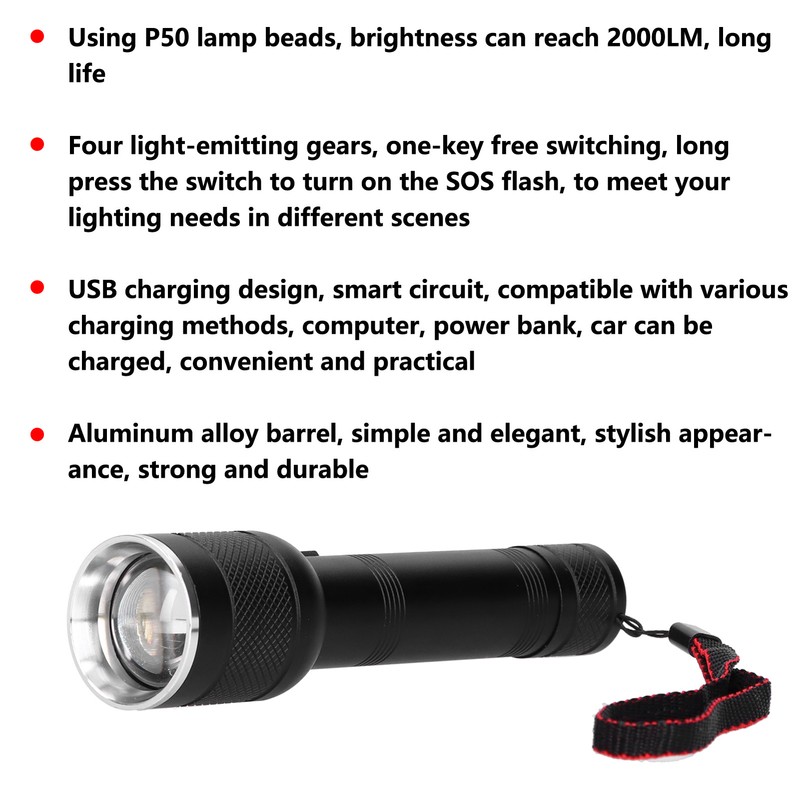 Flashlight USB Rechargeable 2000LM Waterproof Flashlight for Outdoor Adventure Hiking