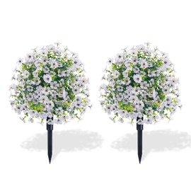 Crystalberry Set of 2 Artificial Violet Shrubs with Ground Spike, Artificial Flowers Outdoors, Uv Resistant Artificial Outdoor Plants, Artificial Boxwood Plants for Garden, Yard, Front Porch Decor