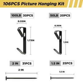 Picture Hanging Kit 210 Pieces, Picture Hangers Holds 20LB 30LB 50LB, Heavy Duty Picture Hanging Hooks with Nails for Hanging Pictures on Drywall Wooden Wall, Black