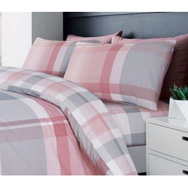 SINGLE Duvet Set Pink Grey Check Quilt Cover Pillow Case x1 Bedding Set