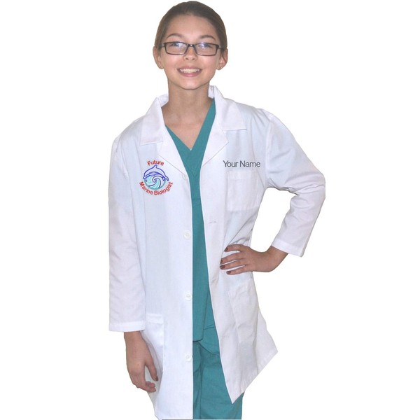 Custom Kids Science Lab Coat with Embroidered Name and Marine Biologist Dolphin Embroidery Design Size 12/14 White