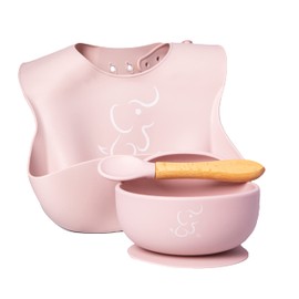 PAPU BABY Set de Comida - 1 Babero, 1 Vaso y 1 Platos Hondo/Bowl (Rosa Pastel)