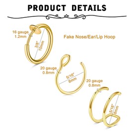 MODRSA Clip on Nose Ring, Lip Ring, Ear Cuff - Faux Nose Rings, Fake Lip Piercing - Silver & Gold Hoop Earrings