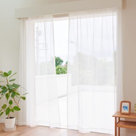 Curtain Laboratory, Gauze-Style Natural Lace, White, Width 39.4 x Length 72.0 inches (100 x 183 cm), Set of 2, UV Protection, Washable, Adjuster with Hook, Natural, Simple, Plain