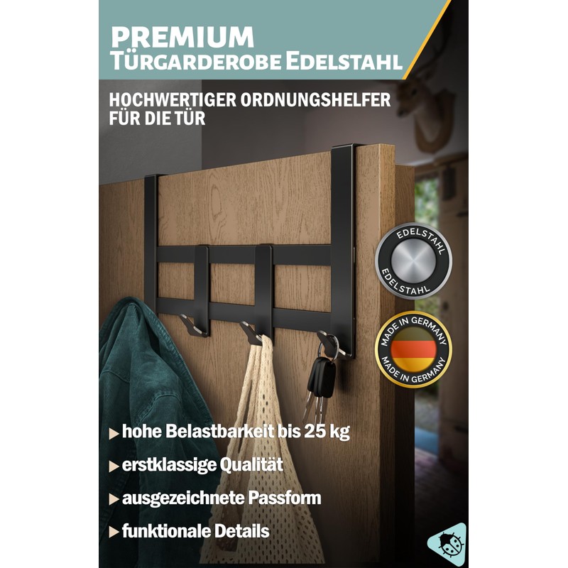 Menz Premium Door Coat Rack - Black Door Hook Rail
