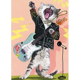 Designer Greetings Rock Star Cat with Blue Guitar Funny/Humorous Birthday Card