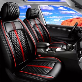 FiveFox Fit Rogue Car Seat Covers (Front Pair) for Select Nissan Rogue/Hybrid/Select/Sport 2015-2026 - Full Coverage Leather, Waterproof & All Weather Seat Cushion Protector, Black with Red Trim